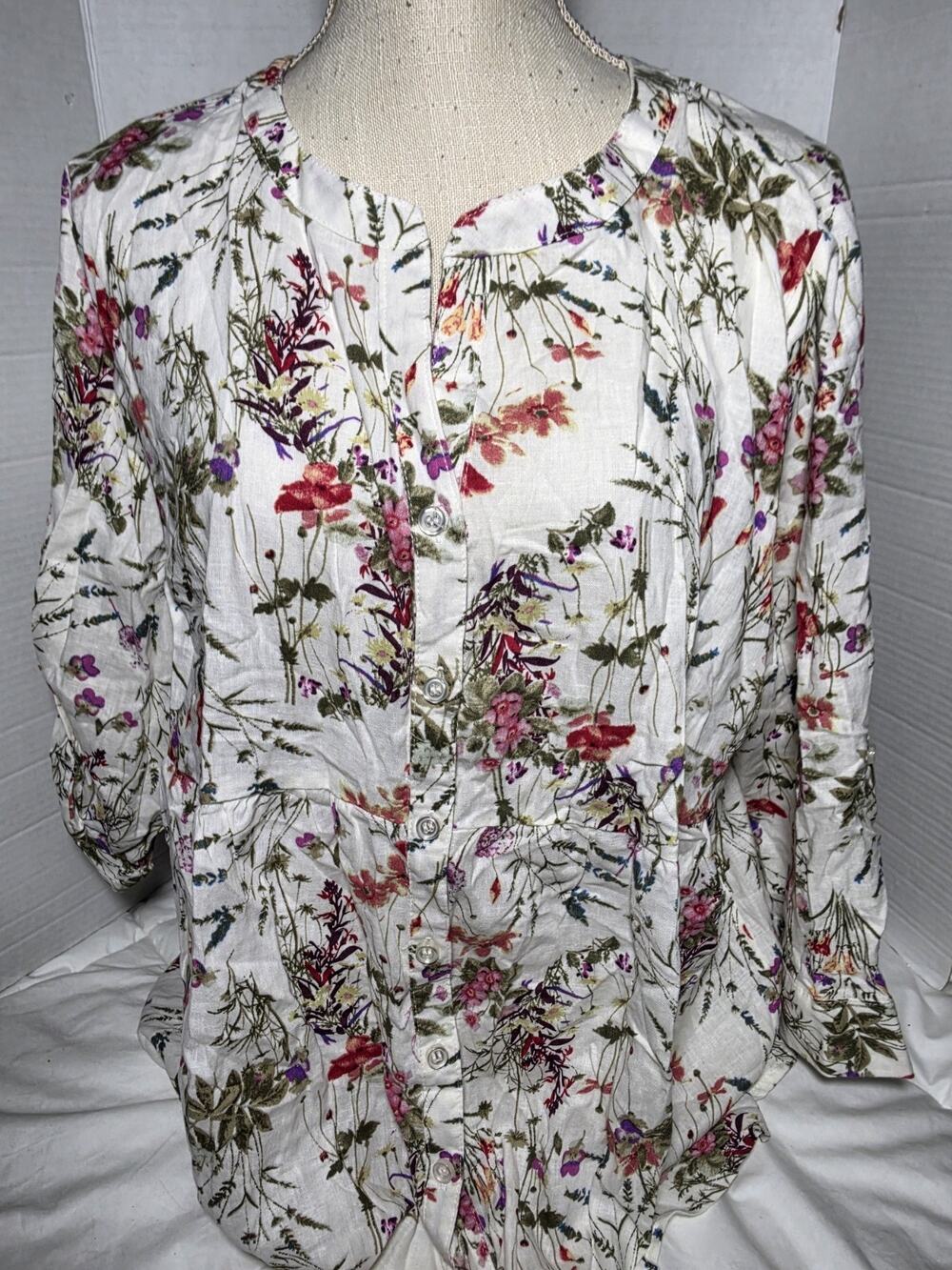 Jones New York Floral Linen Blend Top Tunic Women’s 1X Plus Prairie Boho Peasant